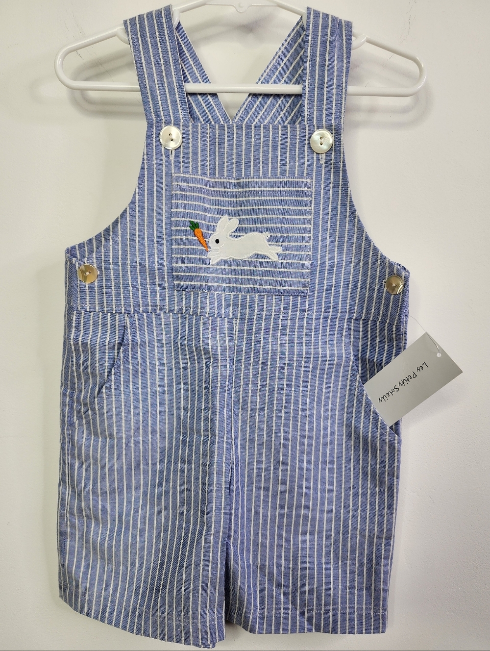 100% Cotton, Striped Blue Bunny Embroidered Kids Overalls, 3T